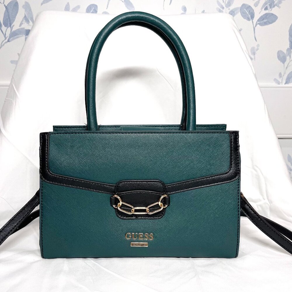 NWT GUESS Top Handle Crossbody Satchel - Forest Green w/ Black Trim